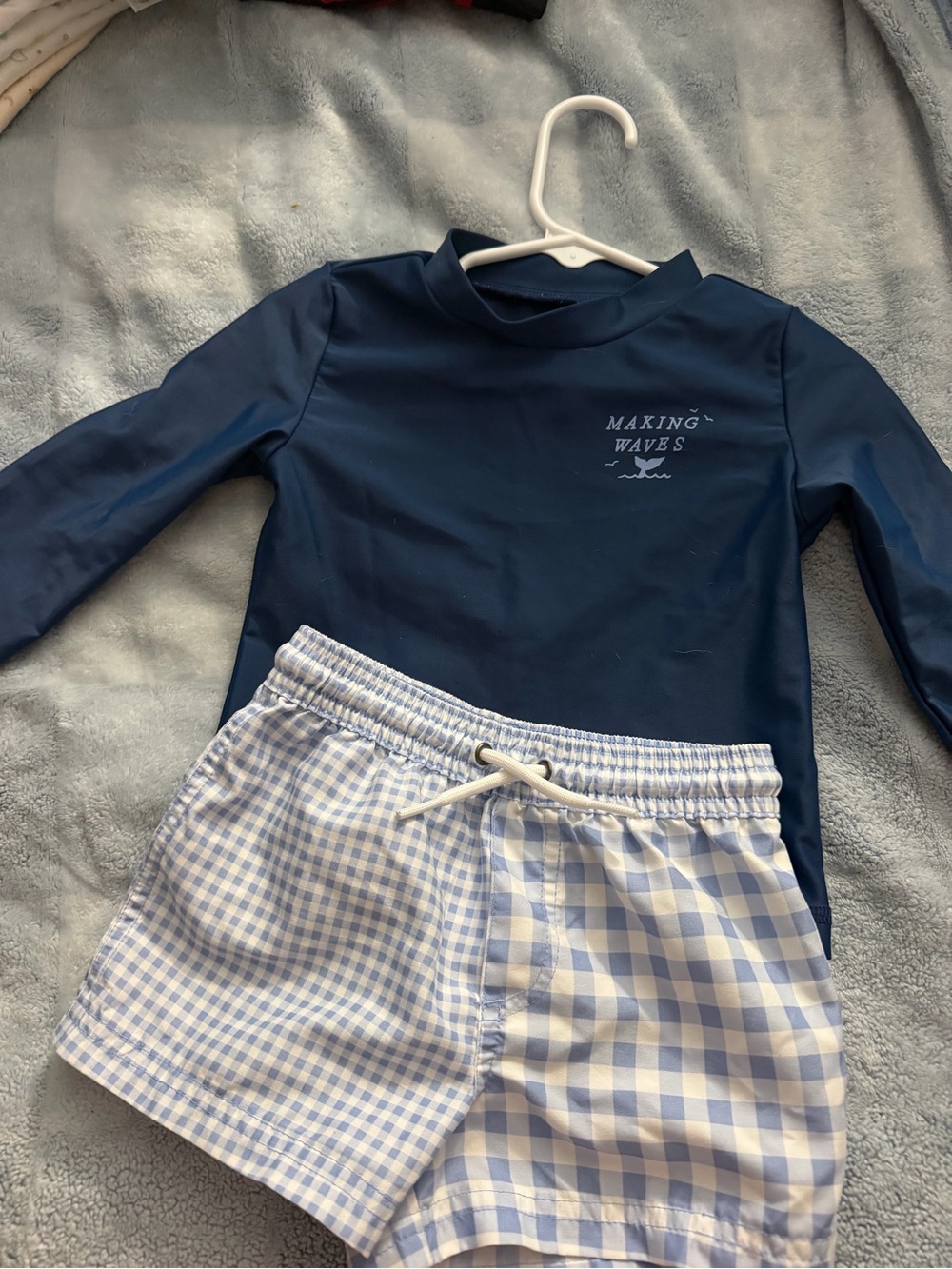 Carter's Navy Rashguard with Light Blue Gingham Swim Shorts 18m